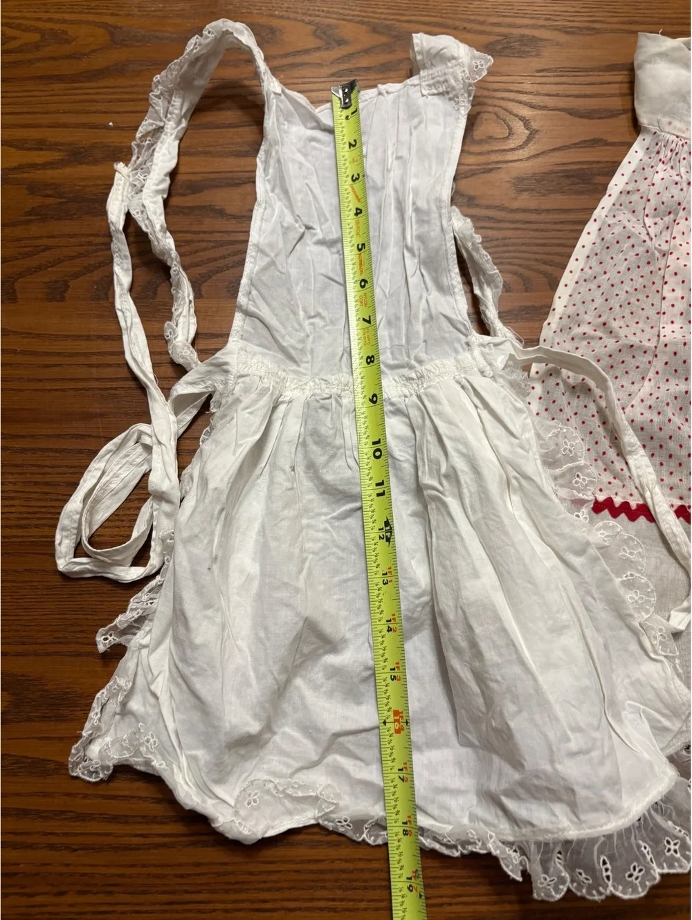 2 Vintage Child-Size Aprons - White Eyelet Pinafore & Red Polka Dot 1/2 Apron